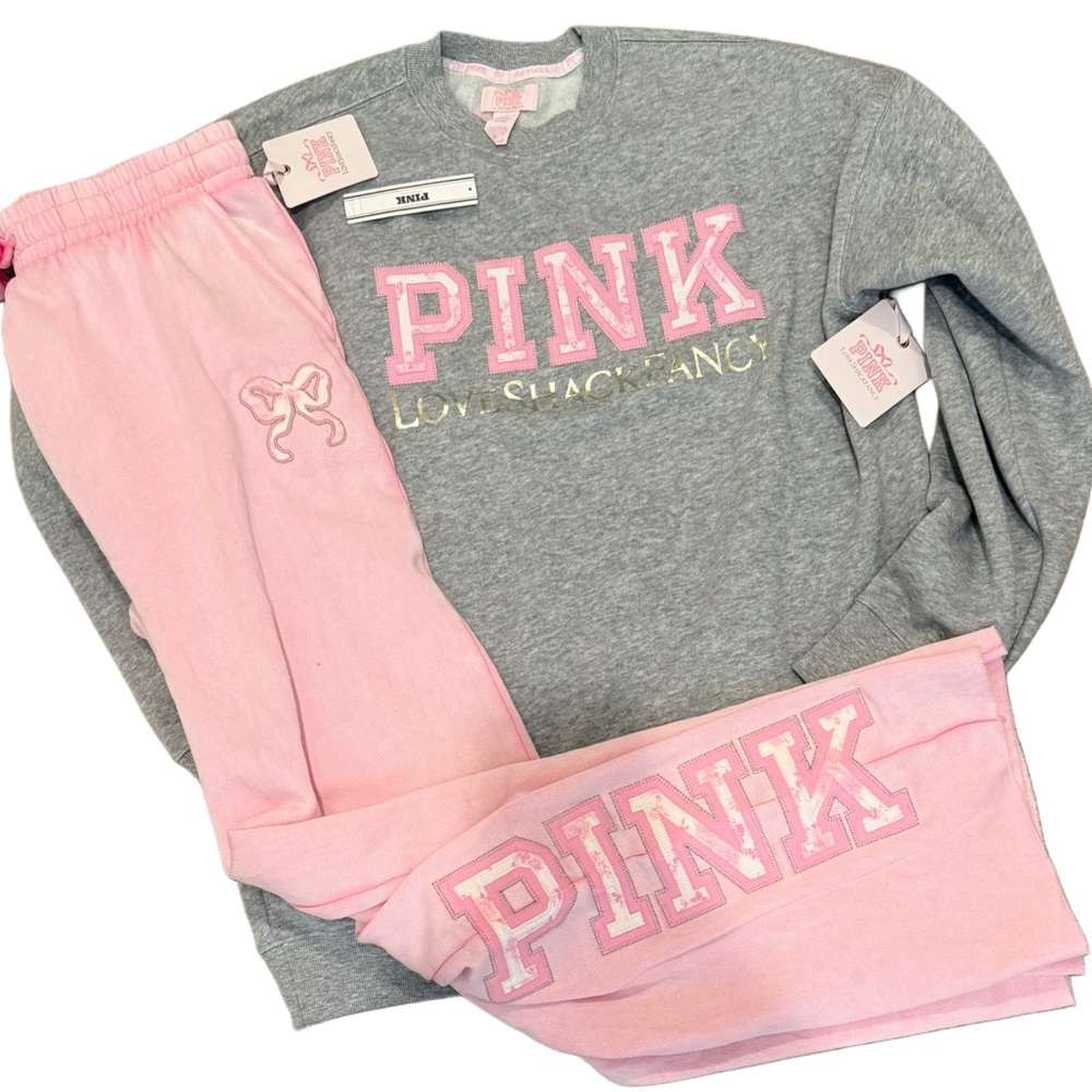 LOVESHACKFANCY & VS PINK COLLOAB. CREW SWEATSHIRT & SWEATPANTS 2PC SET XS-L NWT - Picture 2 of 8